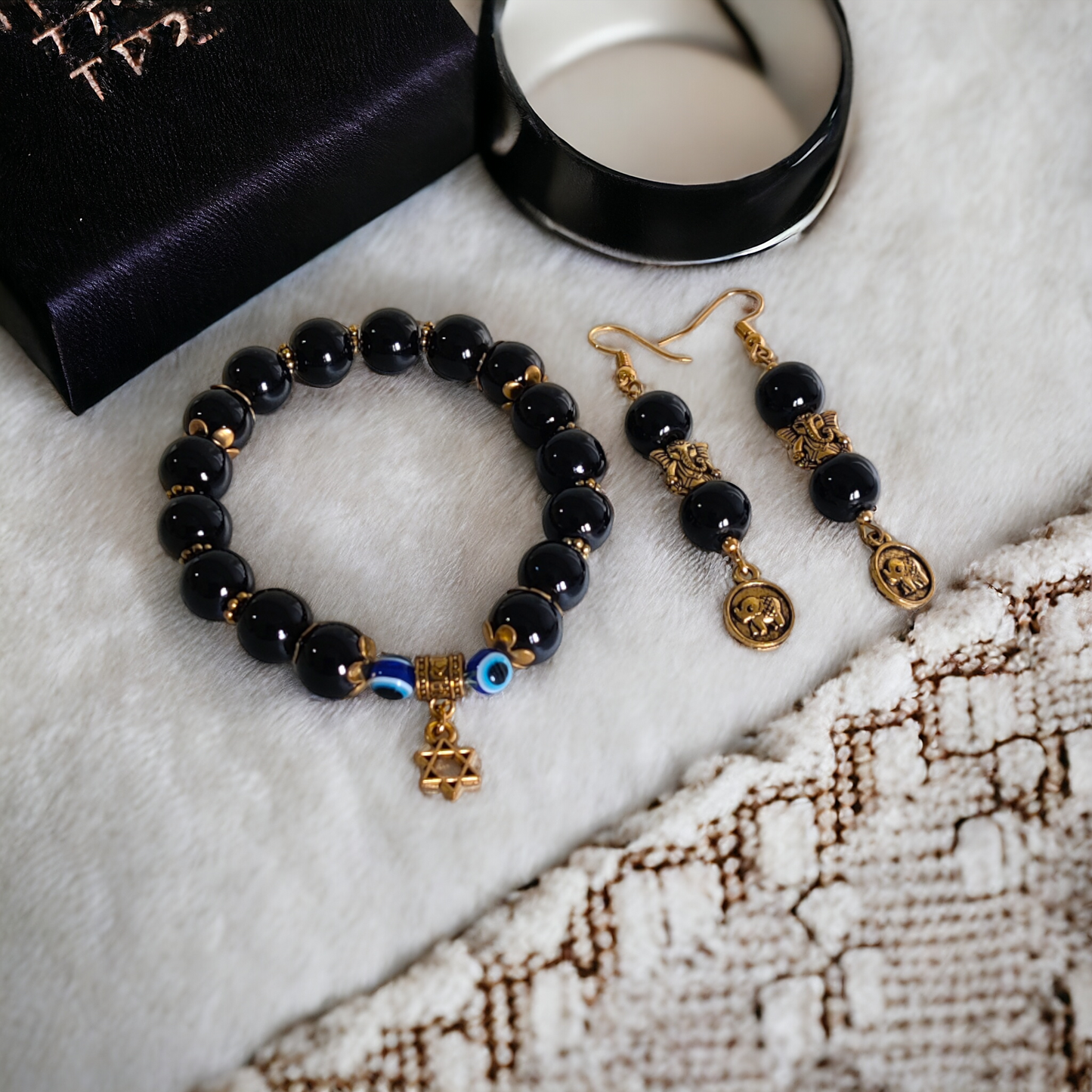 Black Beads Bracelet & Earrings Set
