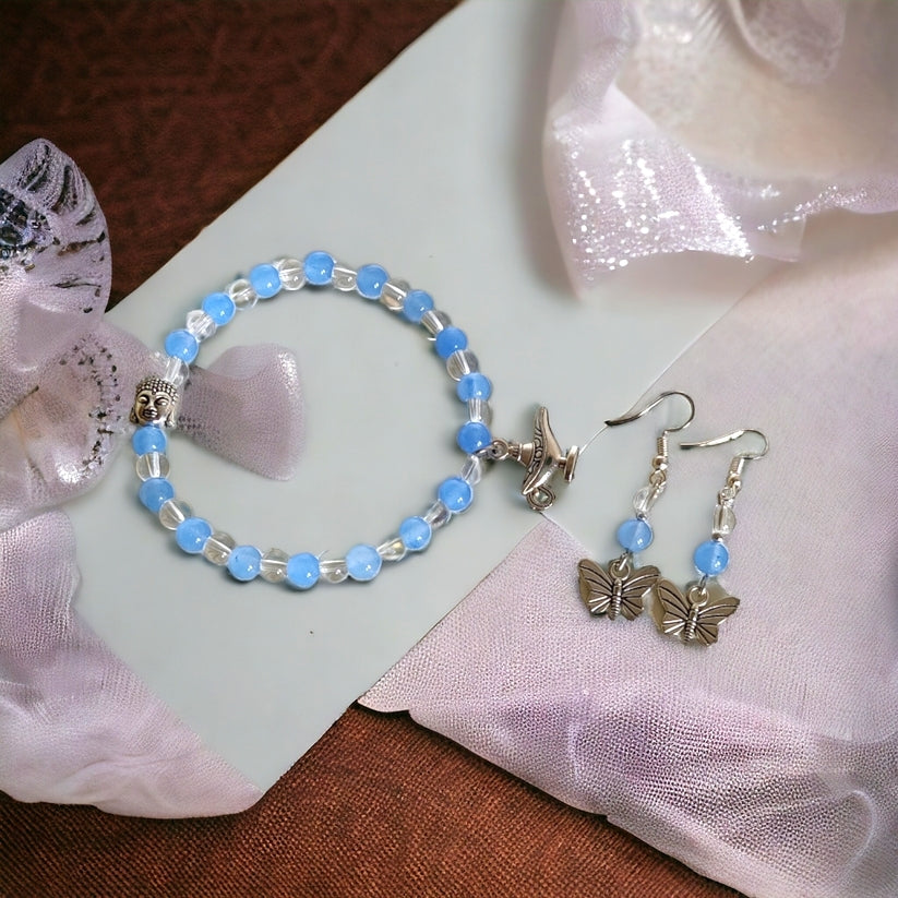 Blue Glass Beads Bracelet & Earrings Set Adorned With Cute Metal Charms