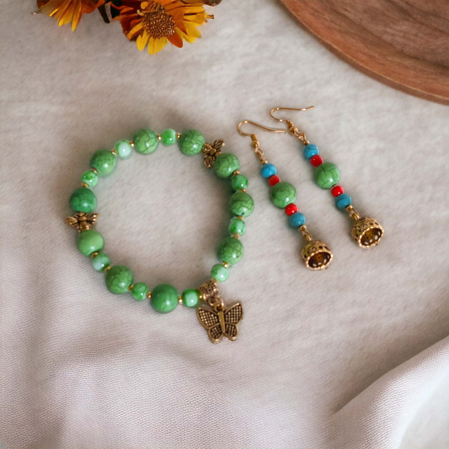 Green Beads Bracelet & Earrings Set