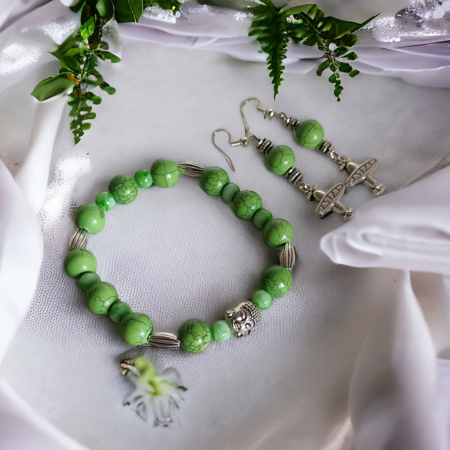 Green Clay Beads Bracelet & Earrings Set With Cute Metal Charms