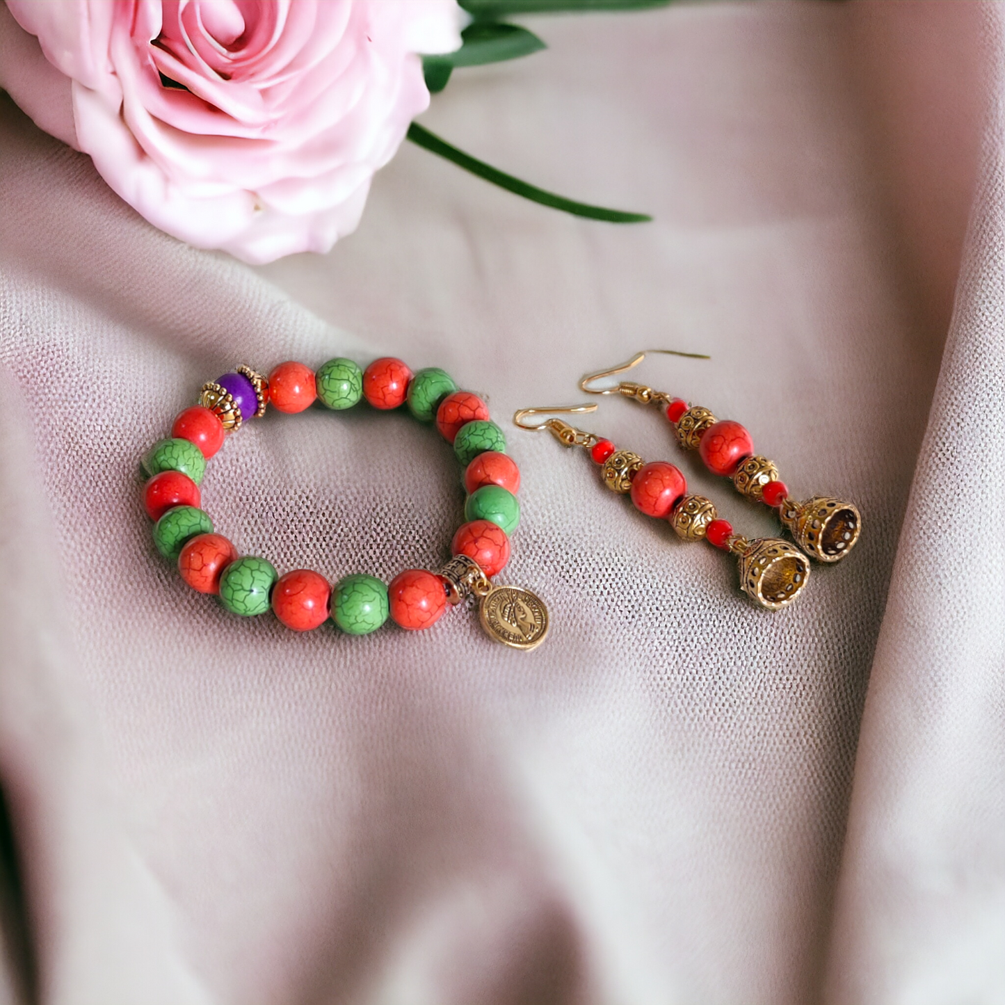 Green & Orange Clay Beads Bracelet & Earrings Set