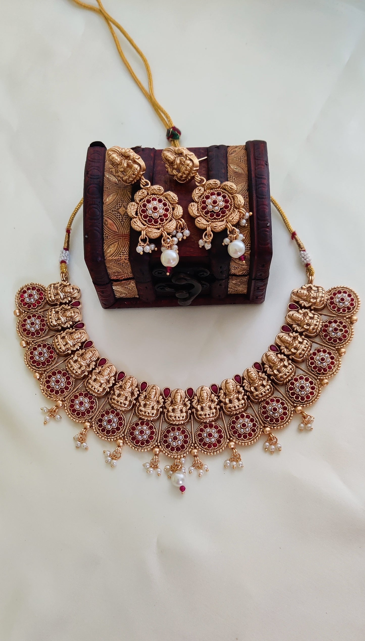 Traditional Lakshmi Pearl Necklace Set - Matte Finish TS11