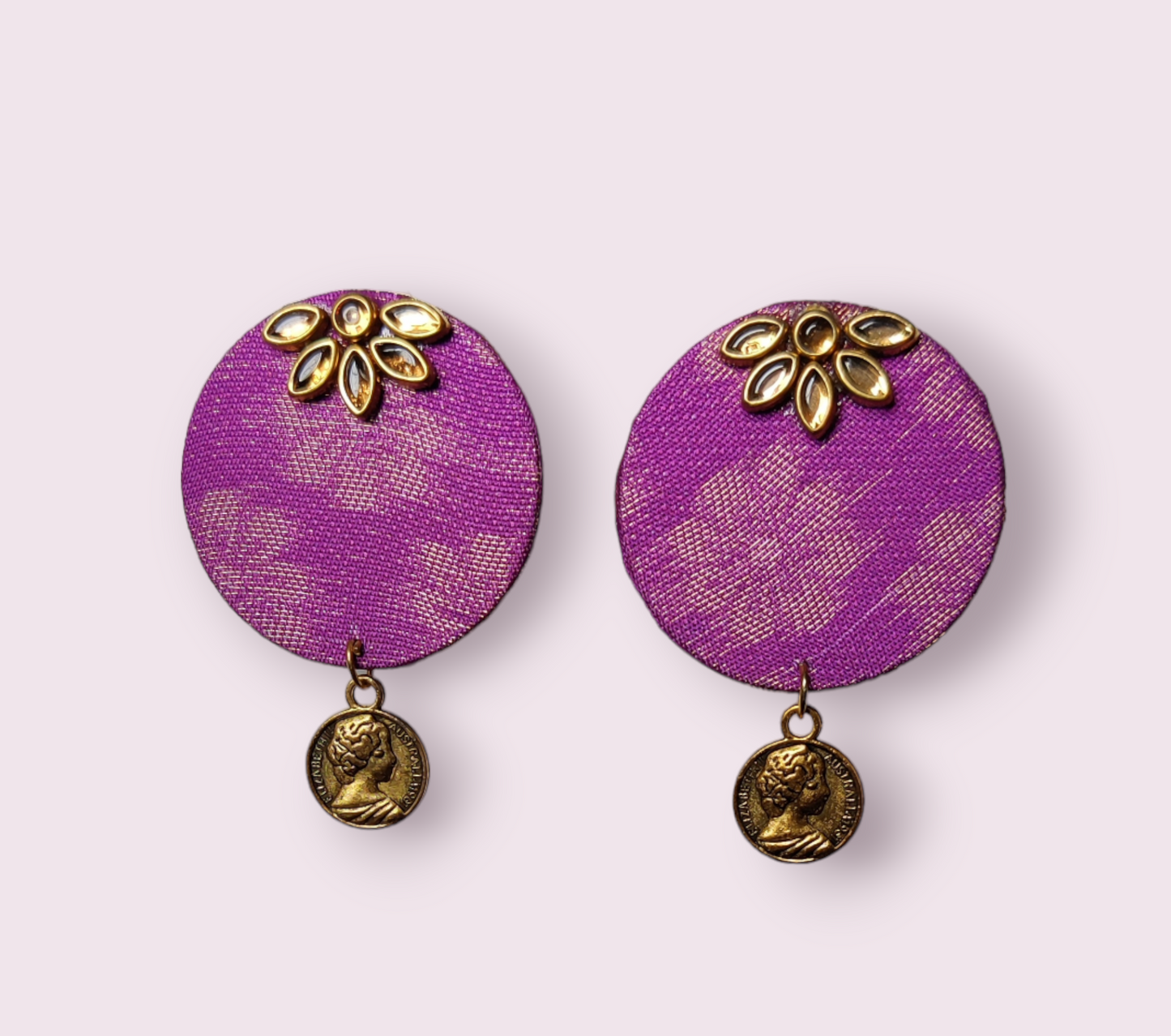 Violet Fabric Earrings With Kundan