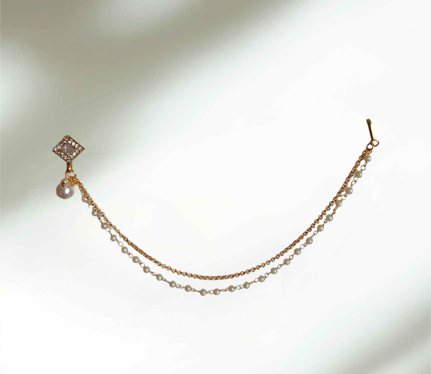 Gold Plated White Pearl Chained Nose Ring