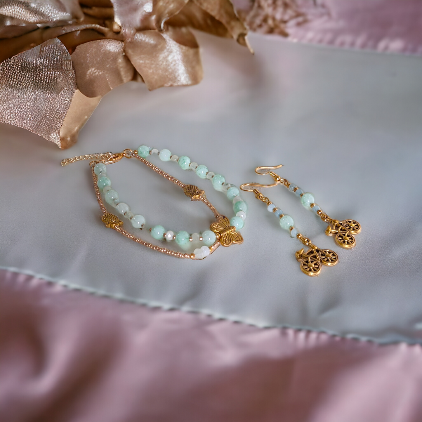 Light Green Glass Beads Bracelet & Earrings Set