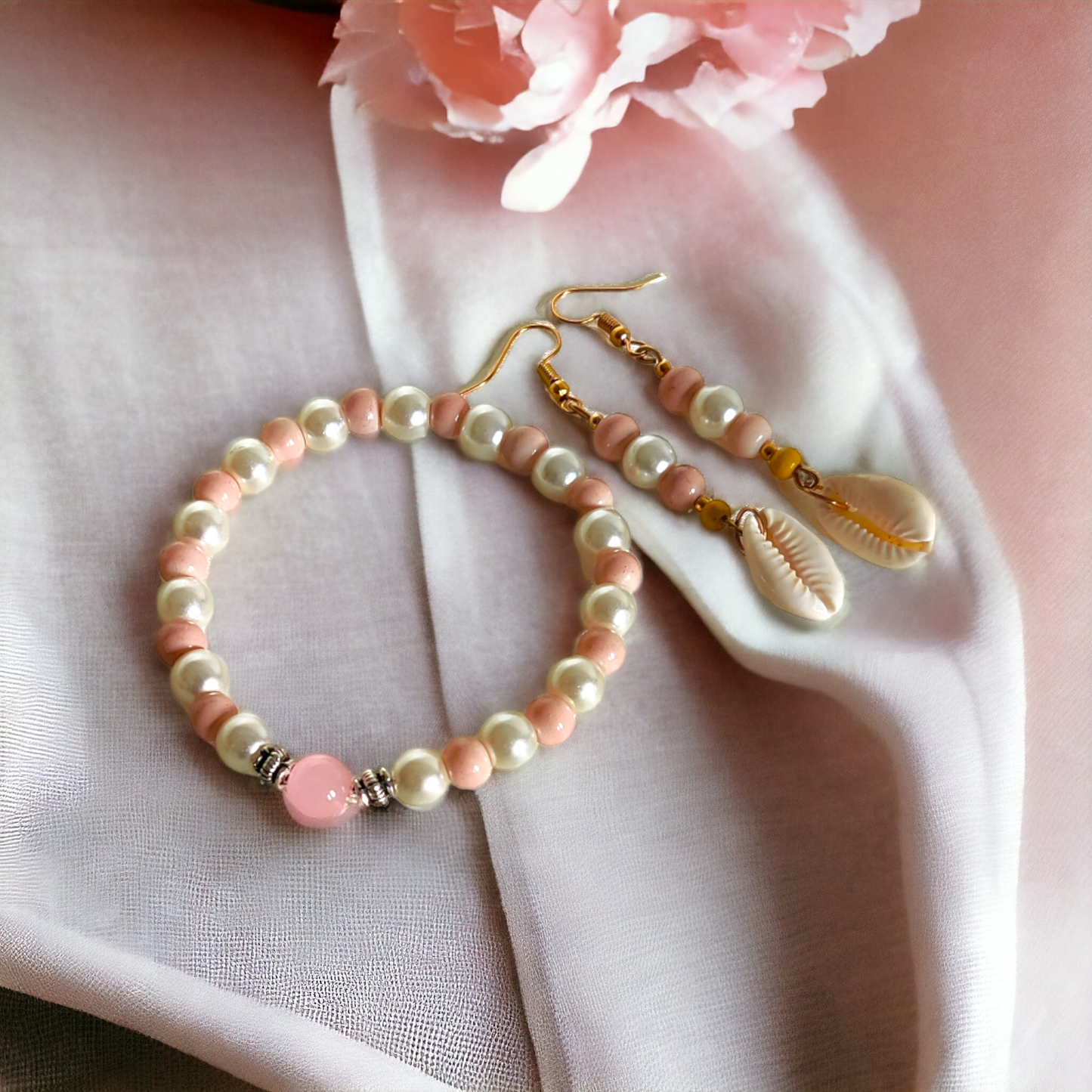 Pearls, Clay Beads Bracelet & Earrings Set With Cute Metal Charms