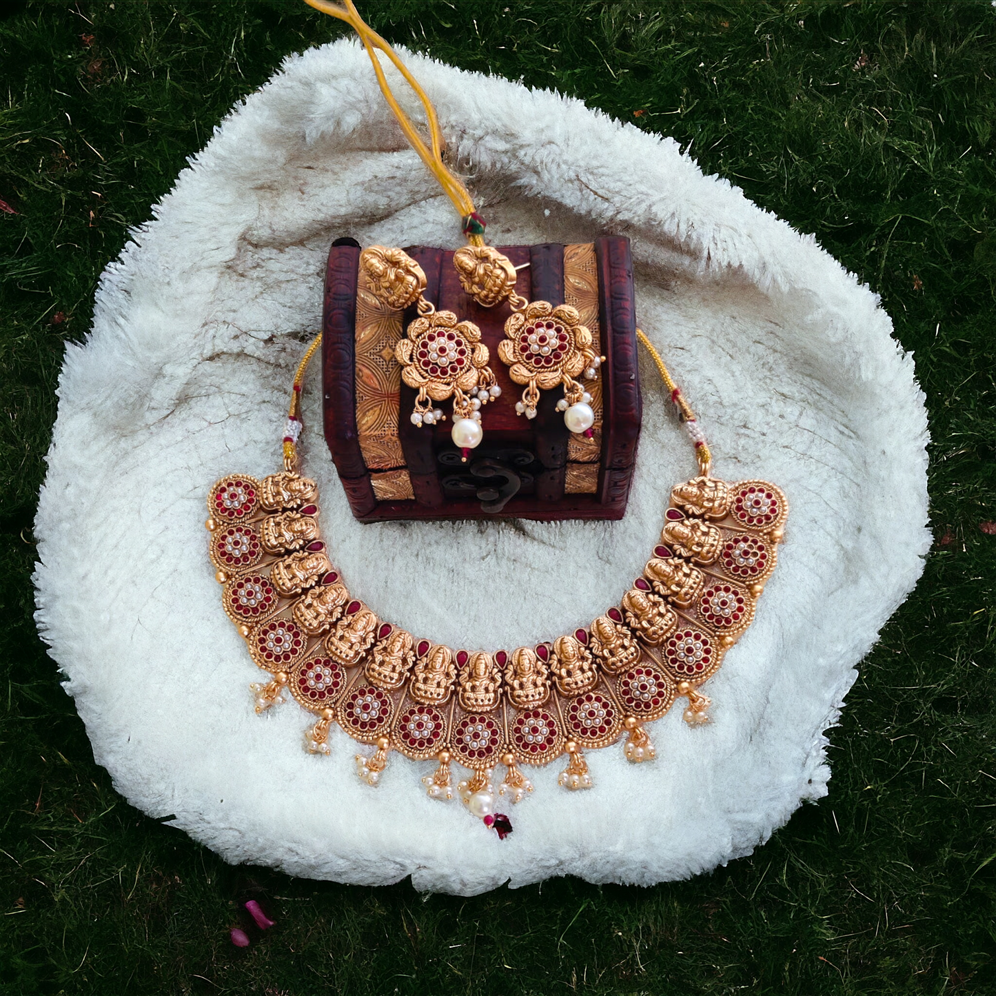 Traditional Lakshmi Pearl Necklace Set - Matte Finish TS11
