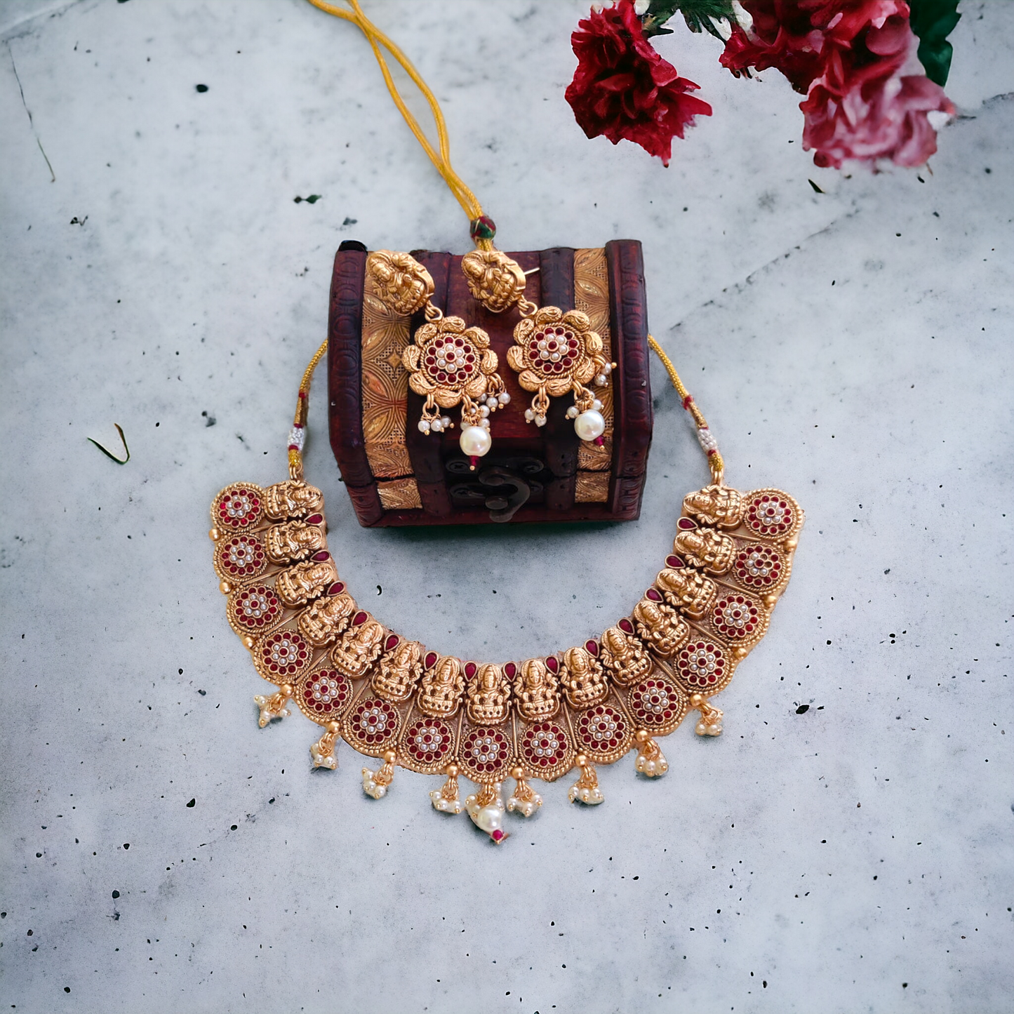 Traditional Lakshmi Pearl Necklace Set - Matte Finish TS11