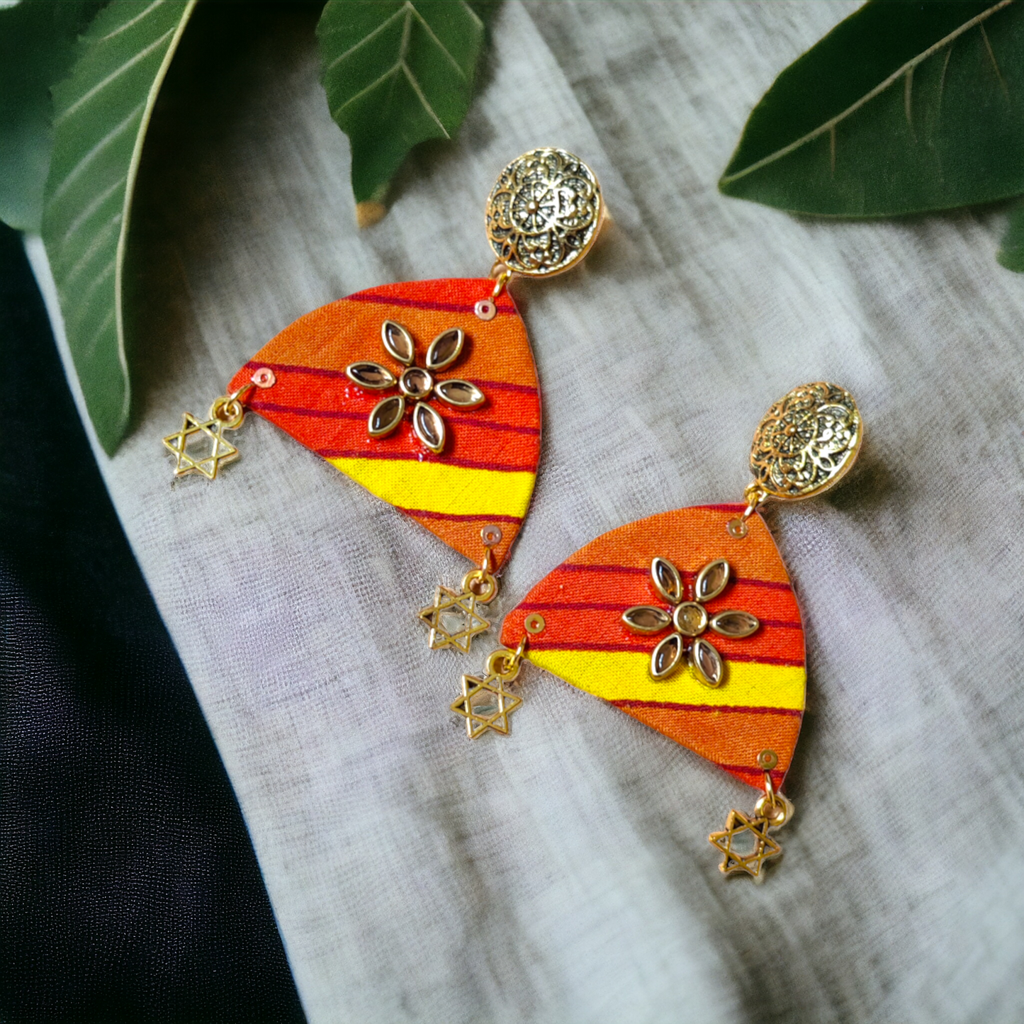 Orange Color Printed Fabric Earrings