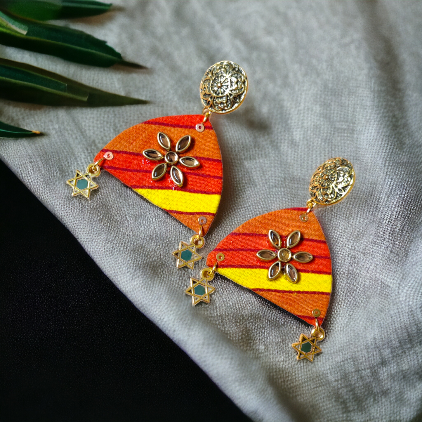Orange Color Printed Fabric Earrings