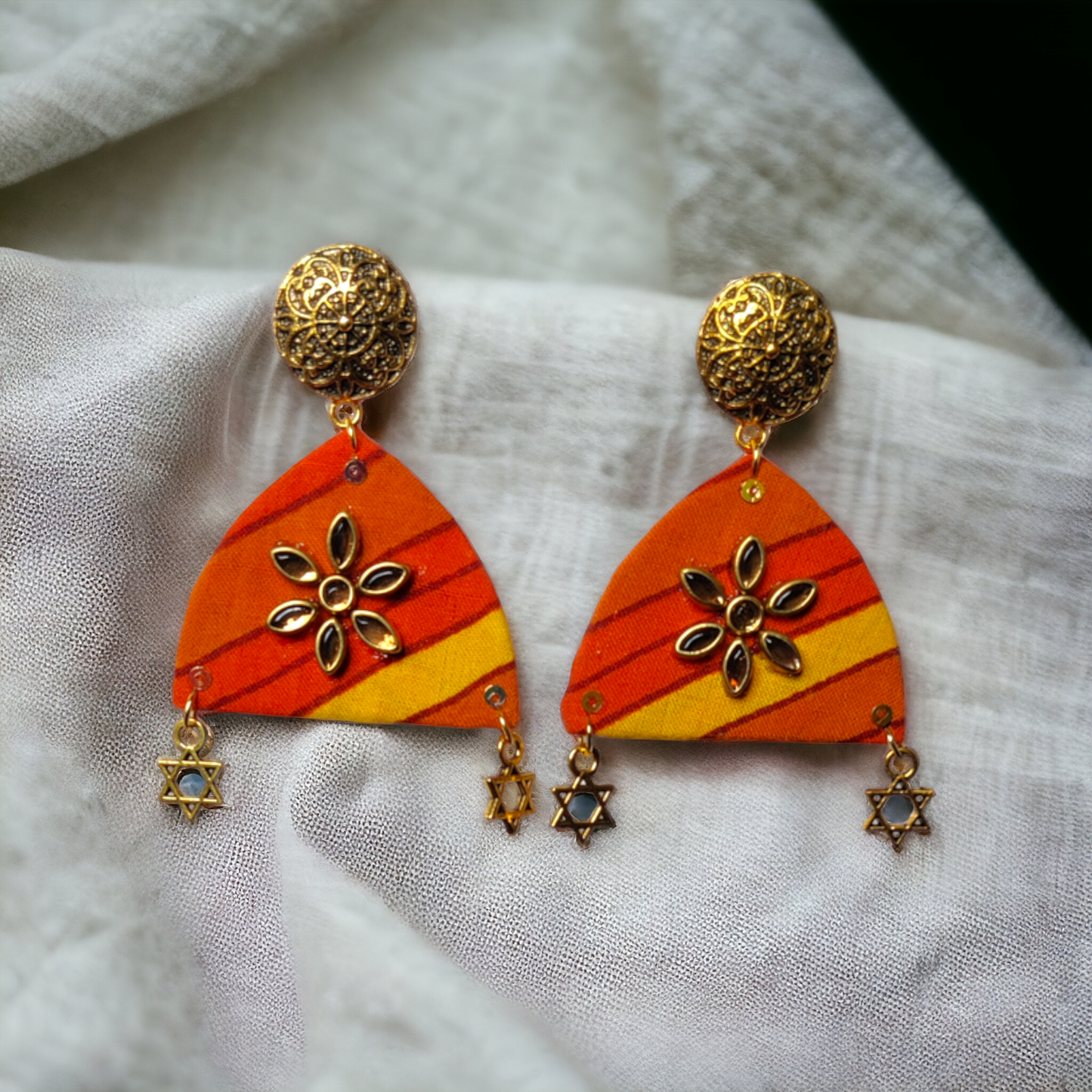 Orange Color Printed Fabric Earrings