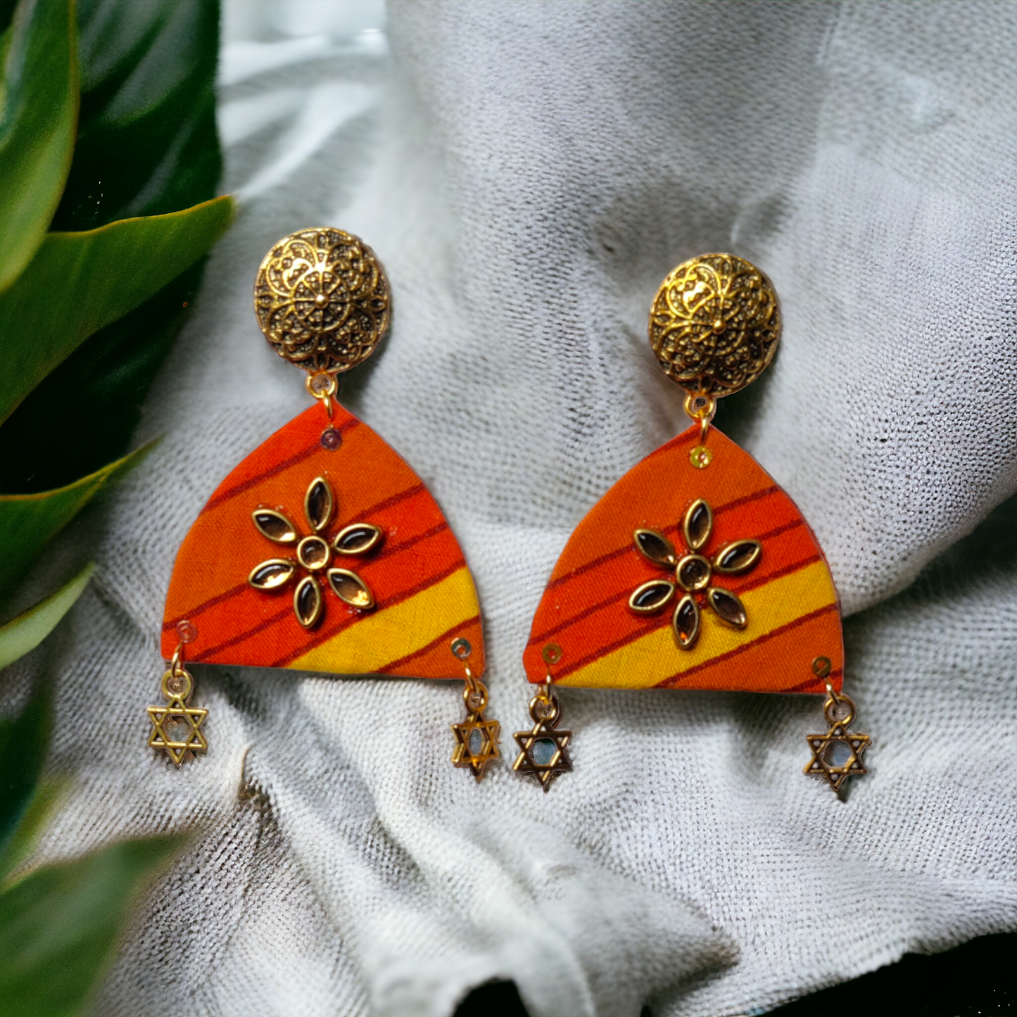 Orange Color Printed Fabric Earrings