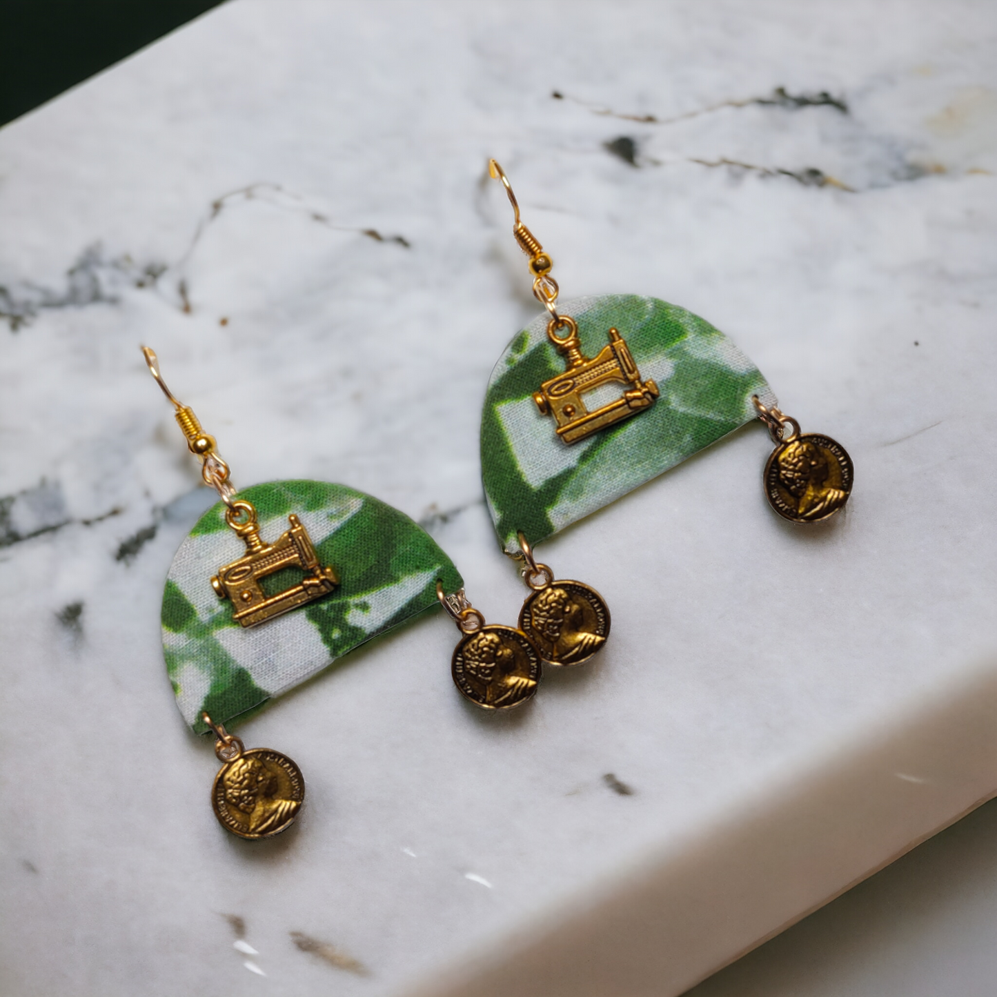 Green Printed Fabric Earrings