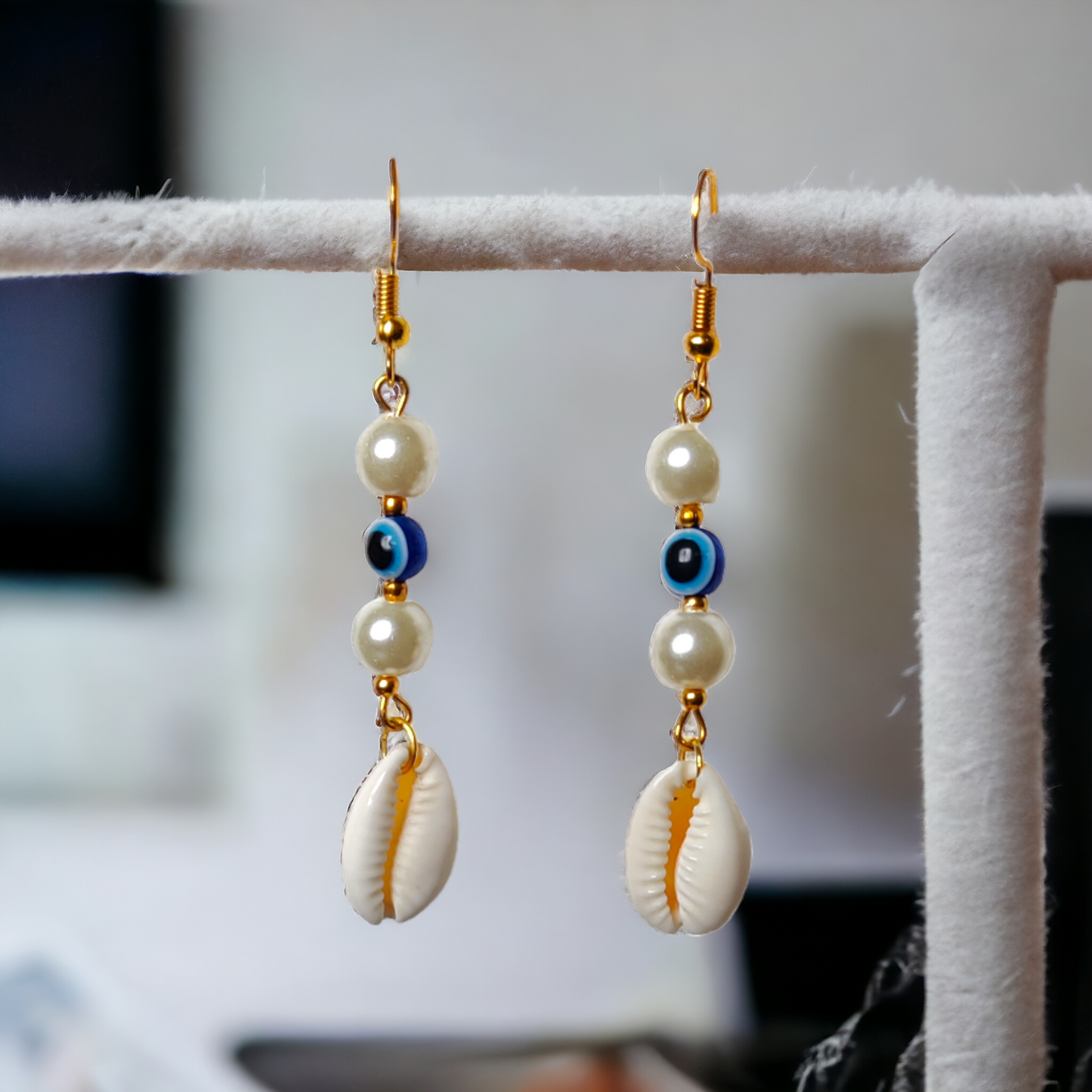 Cowrie Earrings - Evil Eye Beads & Pearls