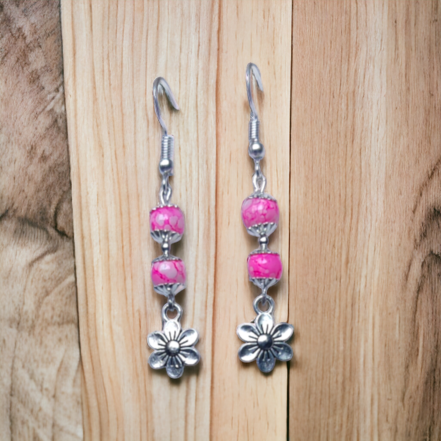 Pink Beads Earrings & An Artificial Silver Chain