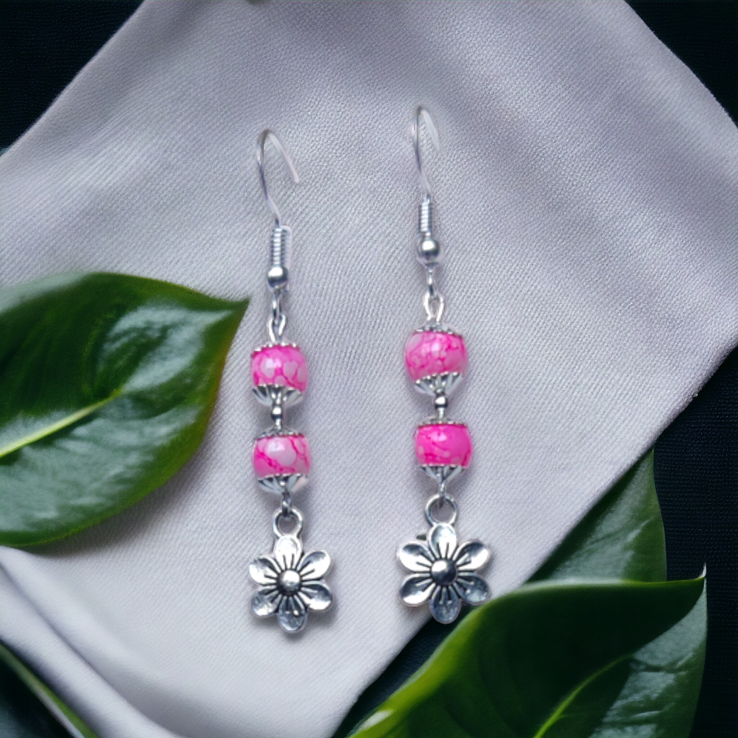 Pink Beads Earrings & An Artificial Silver Chain