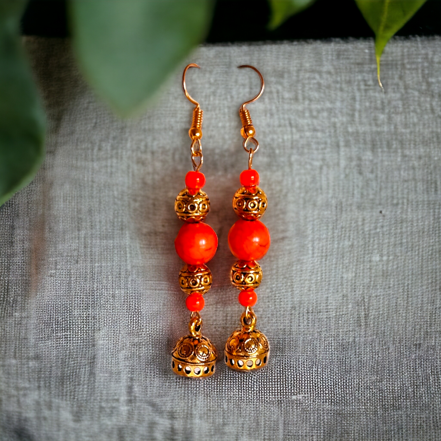 Orange Clay & Golden Beads Earrings