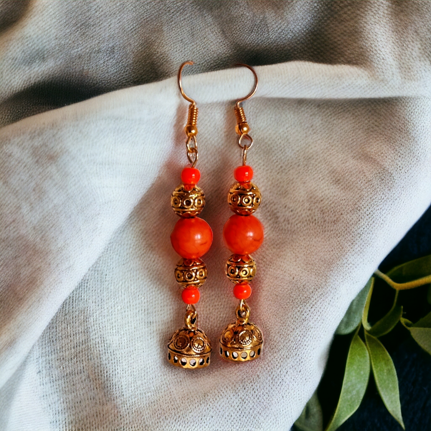Orange Clay & Golden Beads Earrings