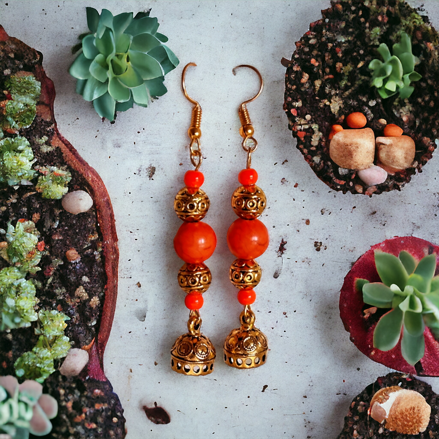 Orange Clay & Golden Beads Earrings