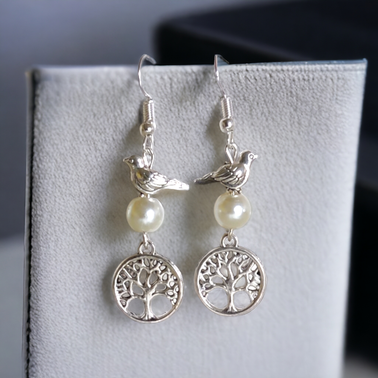 Birdy With A Pearl On Tree Earrings