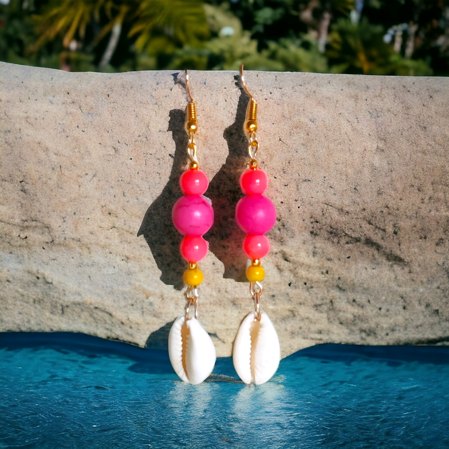 Dark Pink Clay Beads Cowrie Earrings
