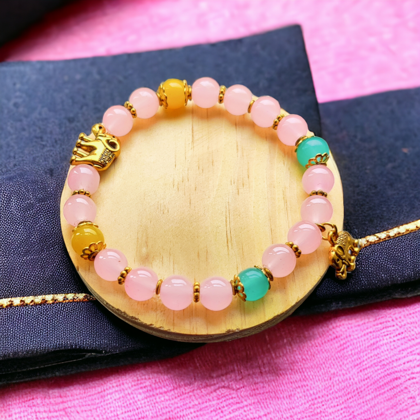 Glass Beads Bracelet - Peach, Yellow & Green Color