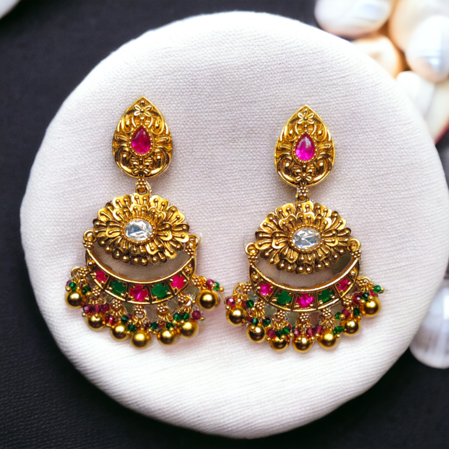 Chandbali - Green, Red & White Kundan With Hanging Golden Metal Beads - Jumbo Size