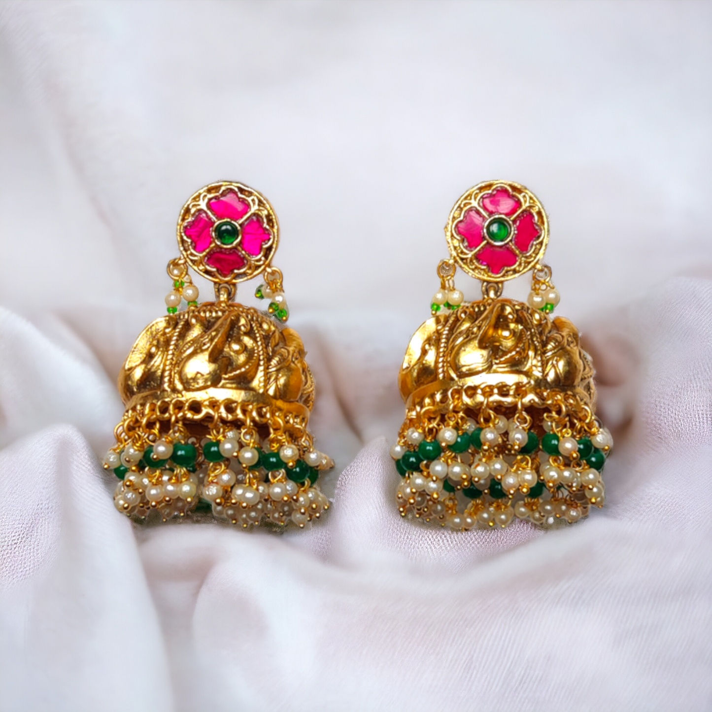 Jhumka - Pearls & Green Beads - Jumbo Size