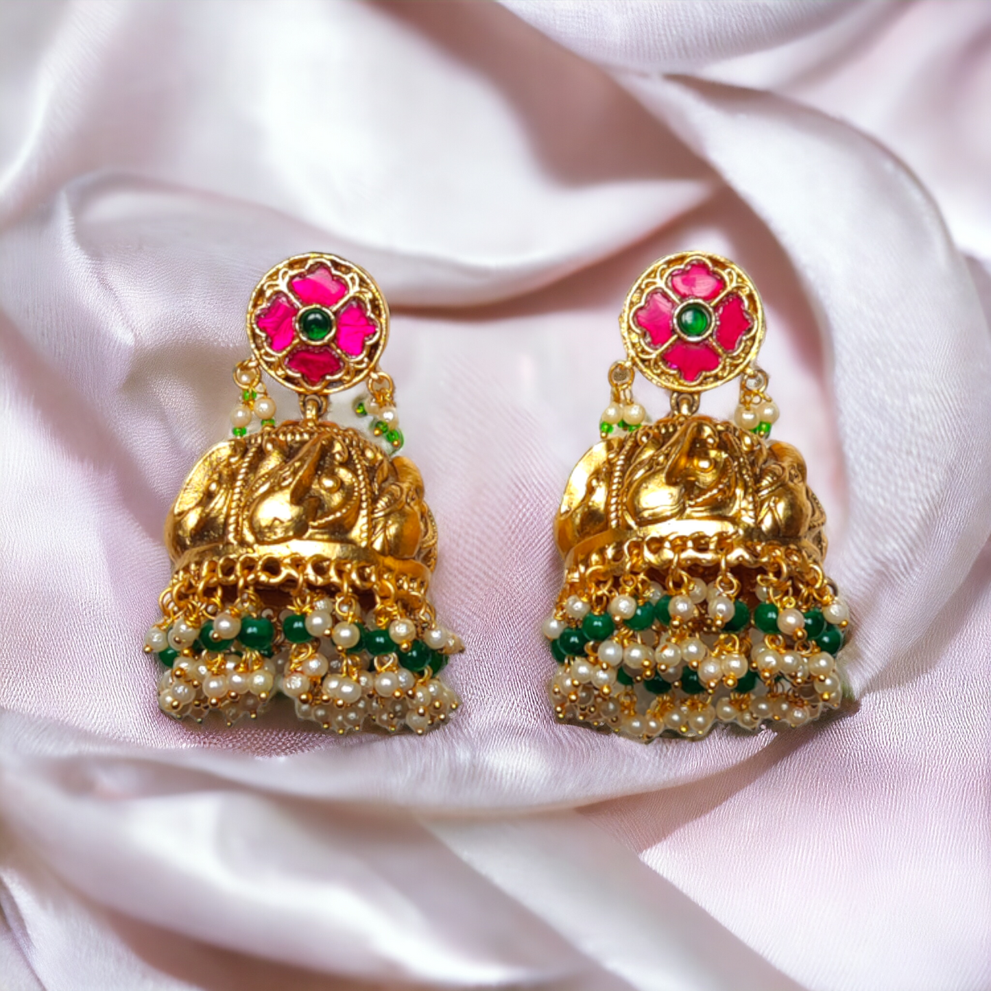 Jhumka - Pearls & Green Beads - Jumbo Size
