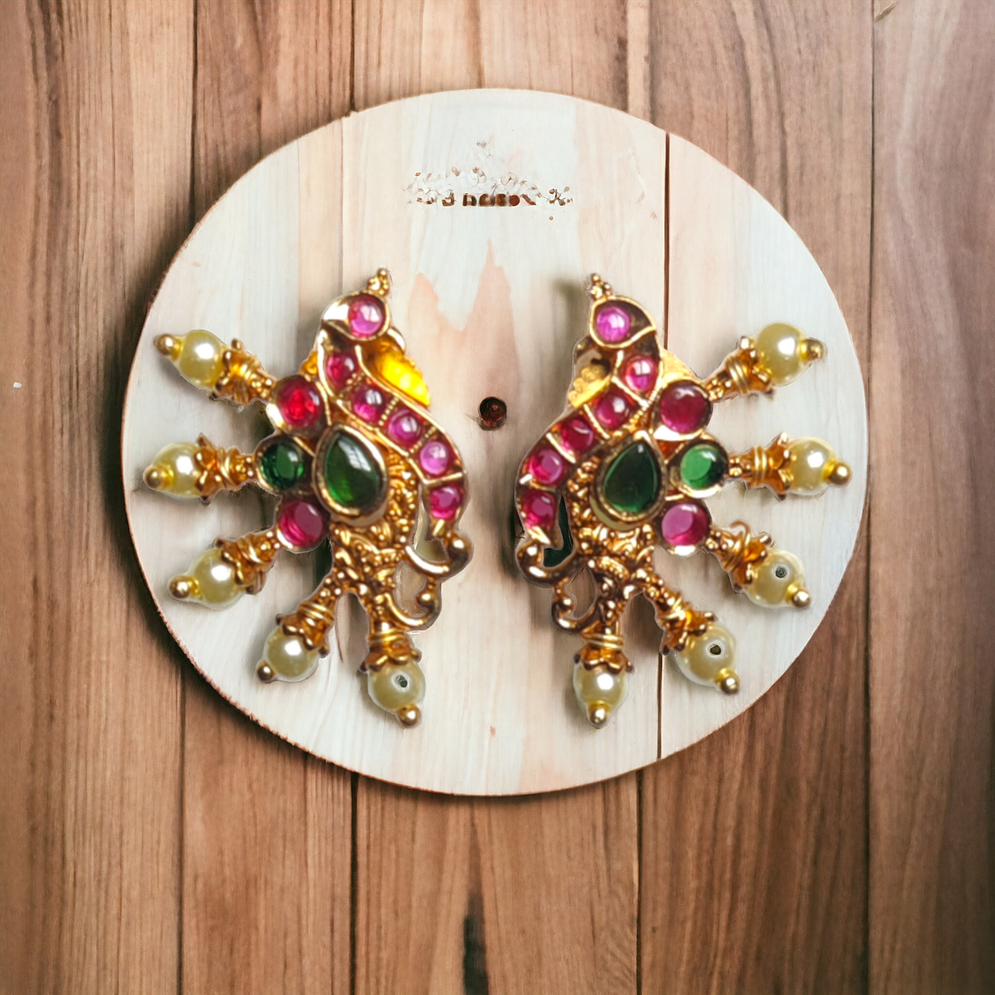 Peacock Studs Red, Green Kundan With Pearls