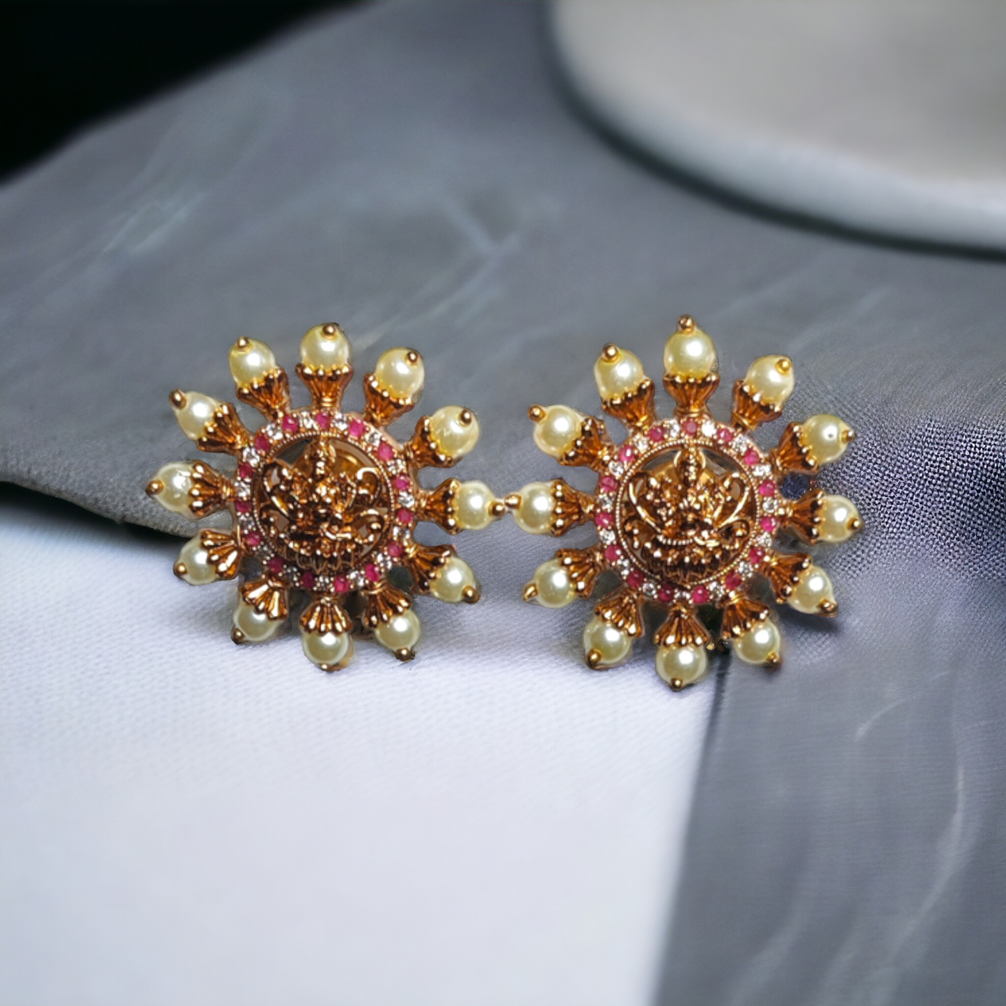 Traditional Lakshmi Studs With Red Stones & Pearls