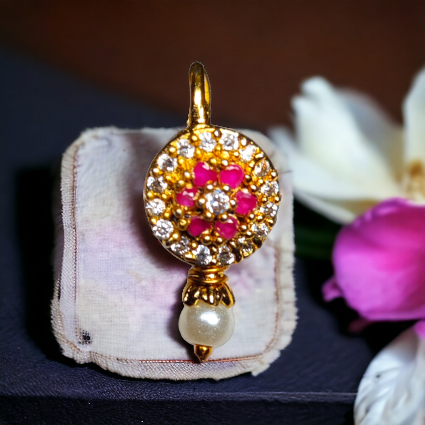 Nose Pin - White & Pink Stone With Pearl