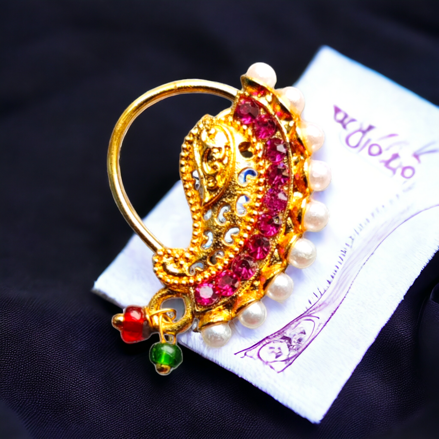 Nose Pin - Pink Stone & Pearls