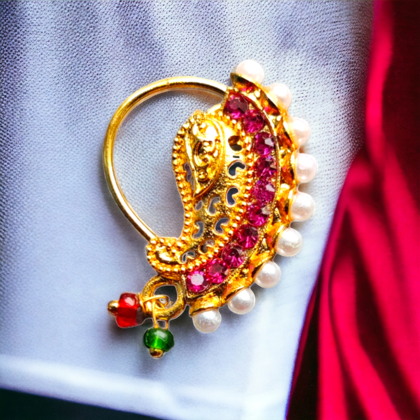 Nose Pin - Pink Stone & Pearls