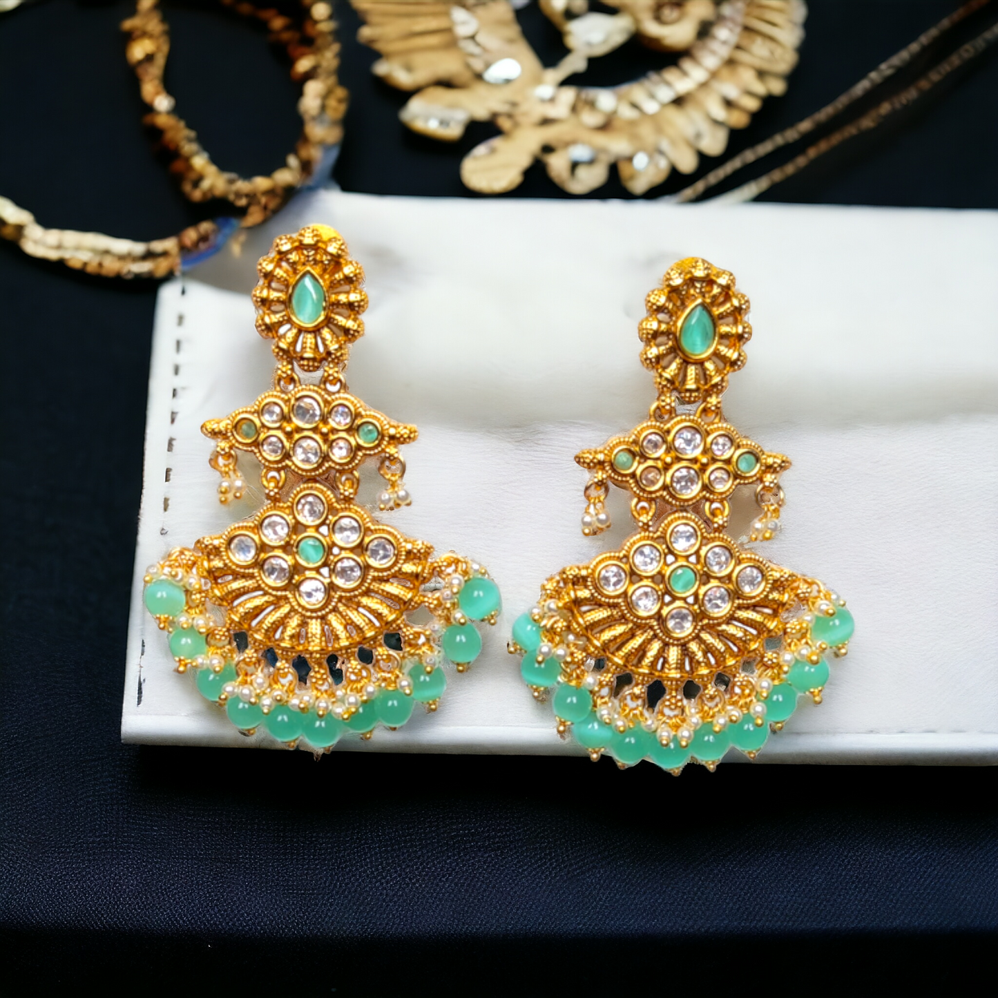 Chandbali Green, White Kundan With Pearls - Reverse AD
