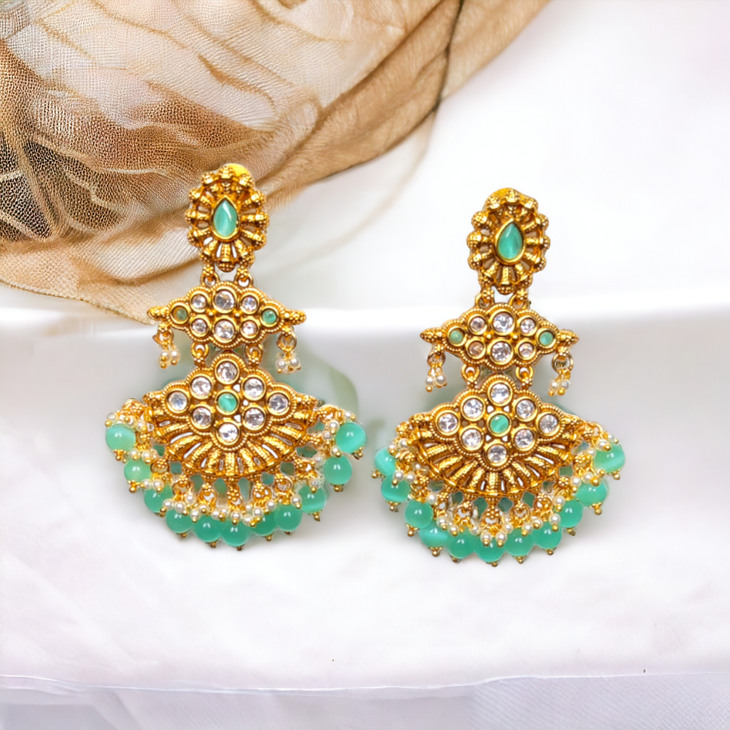 Chandbali Green, White Kundan With Pearls - Reverse AD