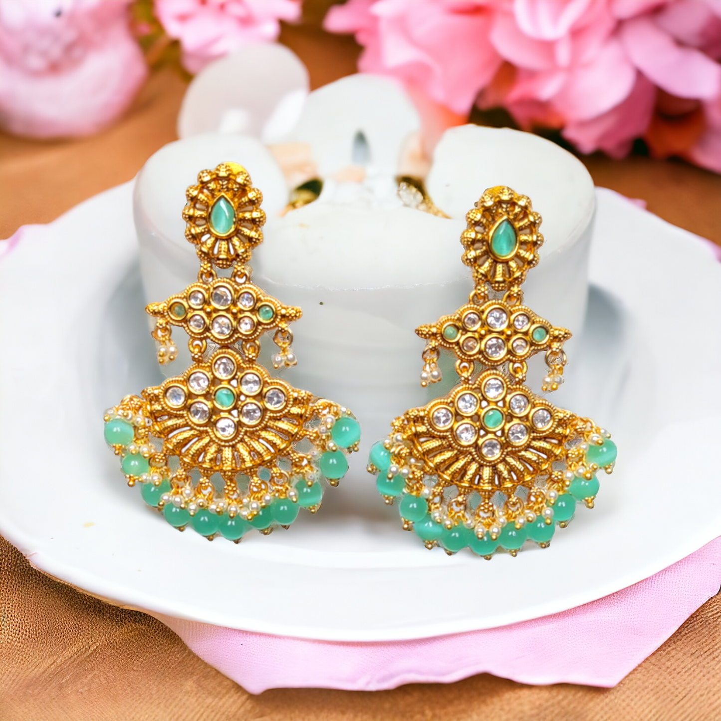 Chandbali Green, White Kundan With Pearls - Reverse AD