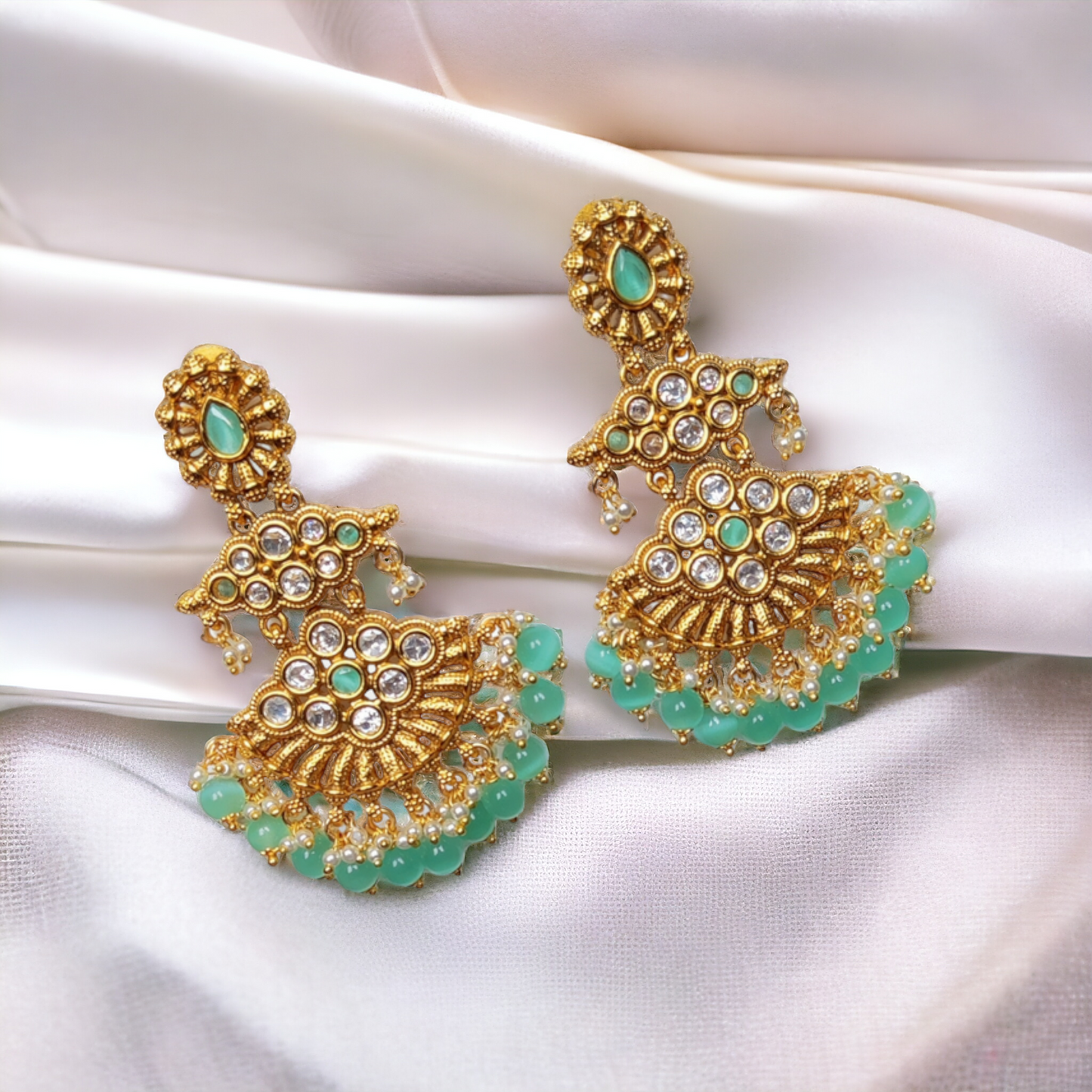 Chandbali Green, White Kundan With Pearls - Reverse AD