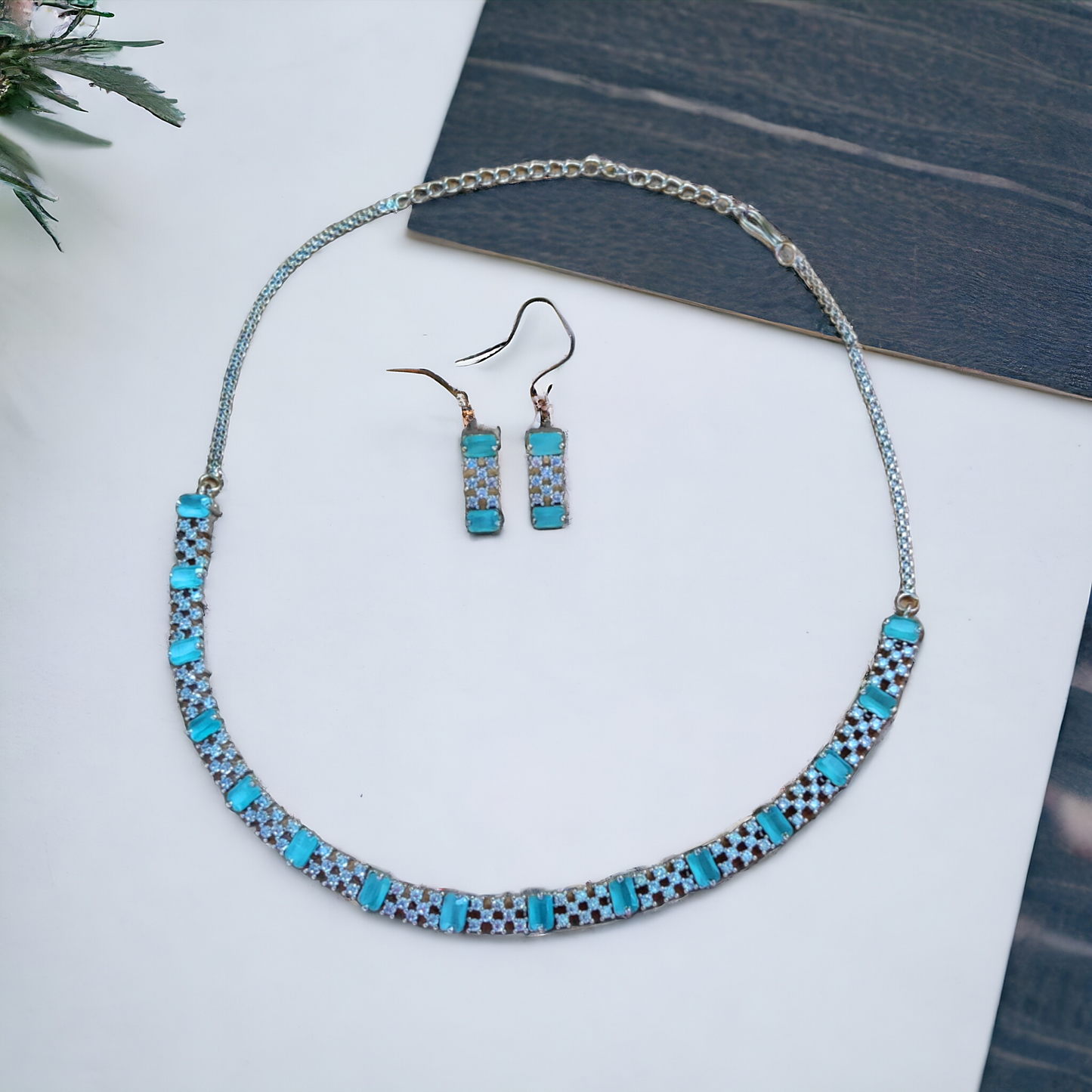 Diamond Cut Mint Color Stone Necklace Set - AD05