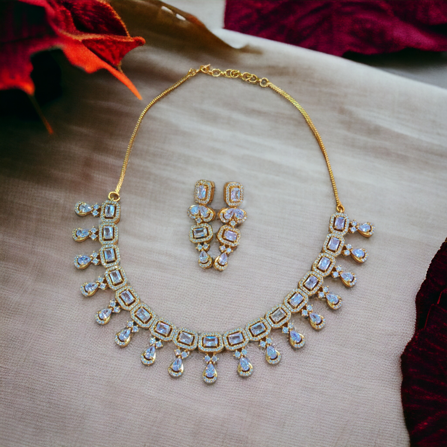 Diamond Cut White Stone Necklace Set - AD06