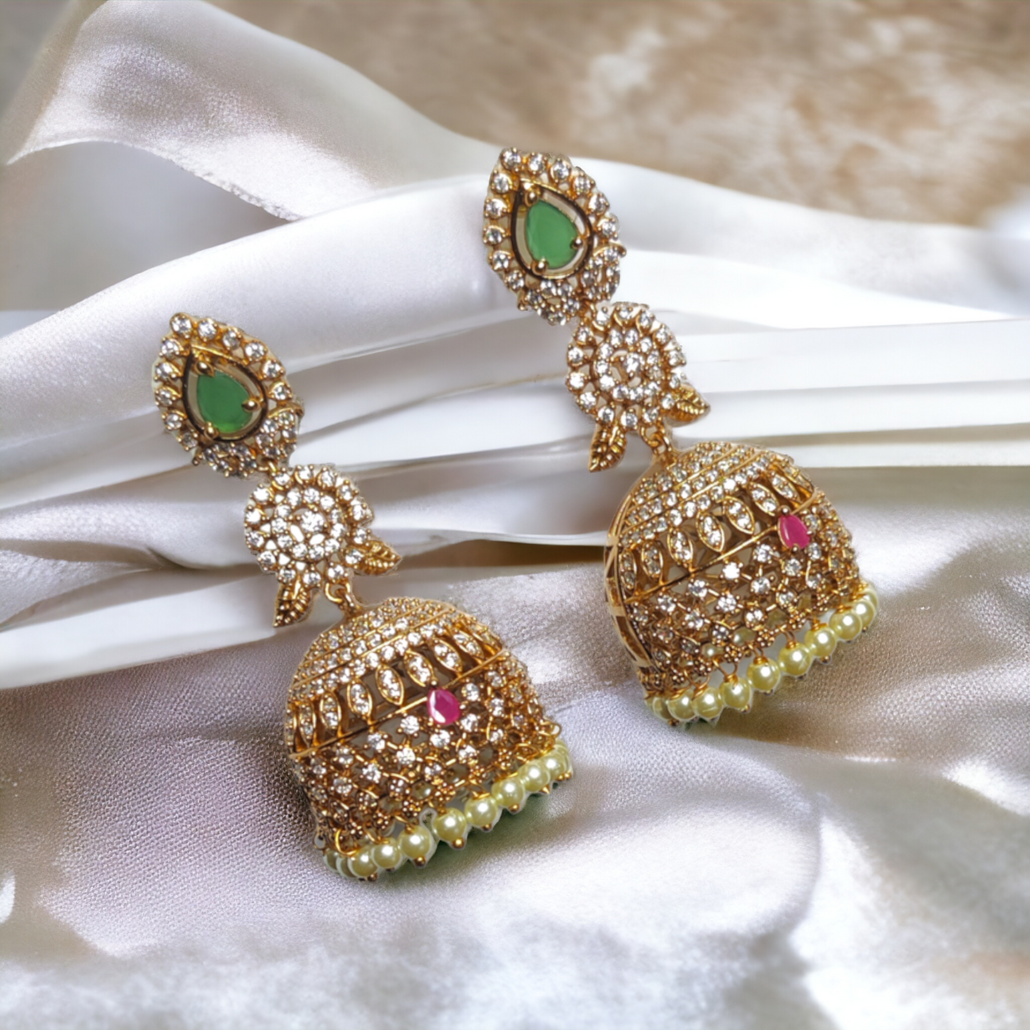 Bridal Jhumka - Pearls & American Diamond Crafted