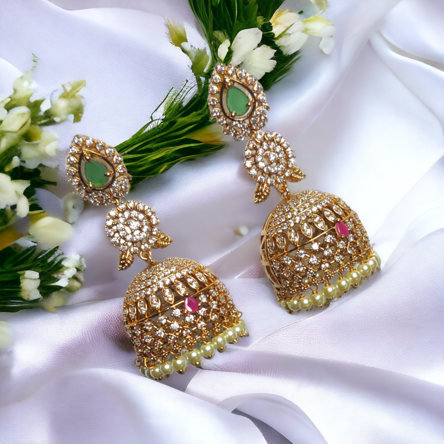 Bridal Jhumka - Pearls & American Diamond Crafted
