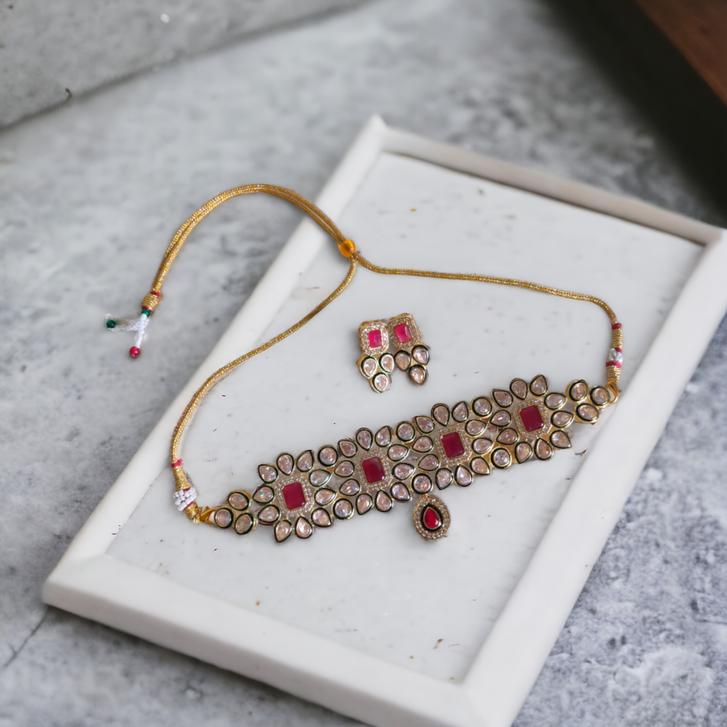 Red Stone Kundan Necklace Set - KC06