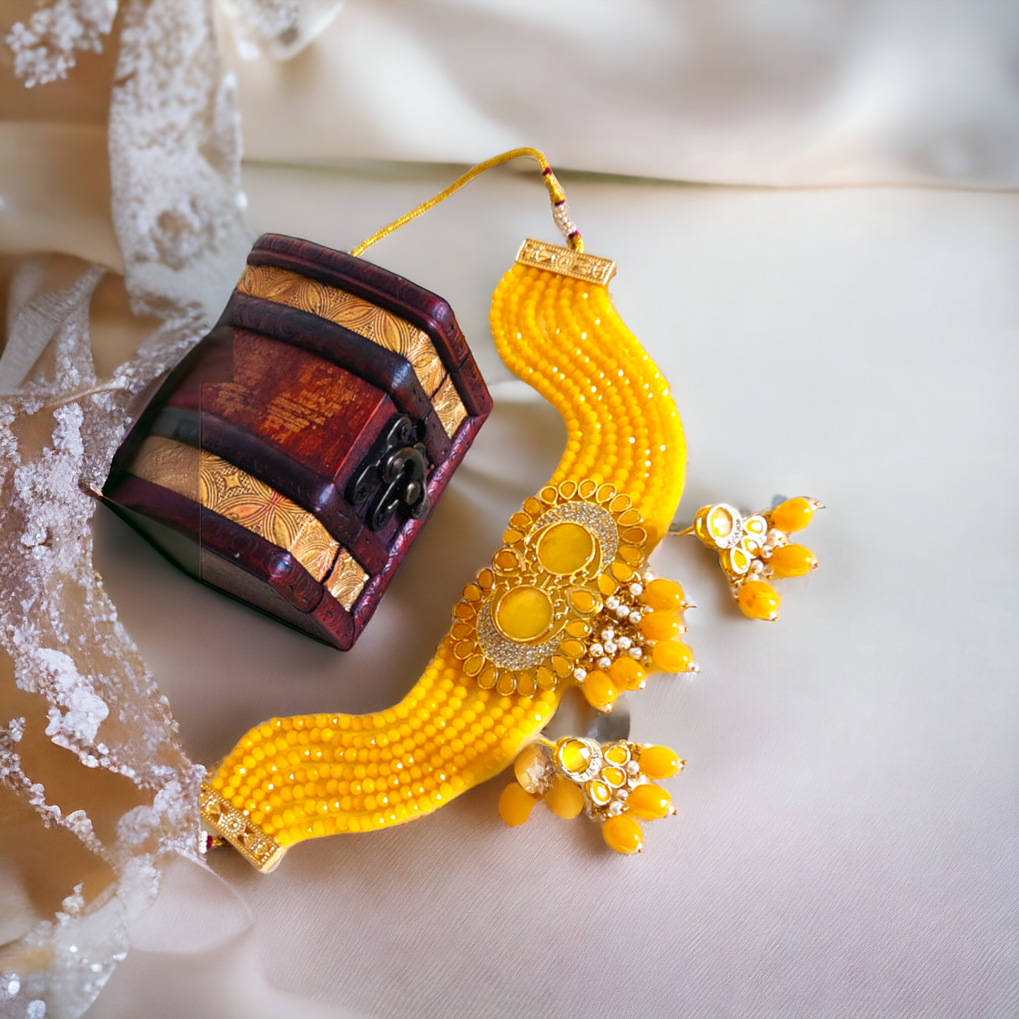 Yellow Jadau AD Choker Necklace Set With Pearls - KC10