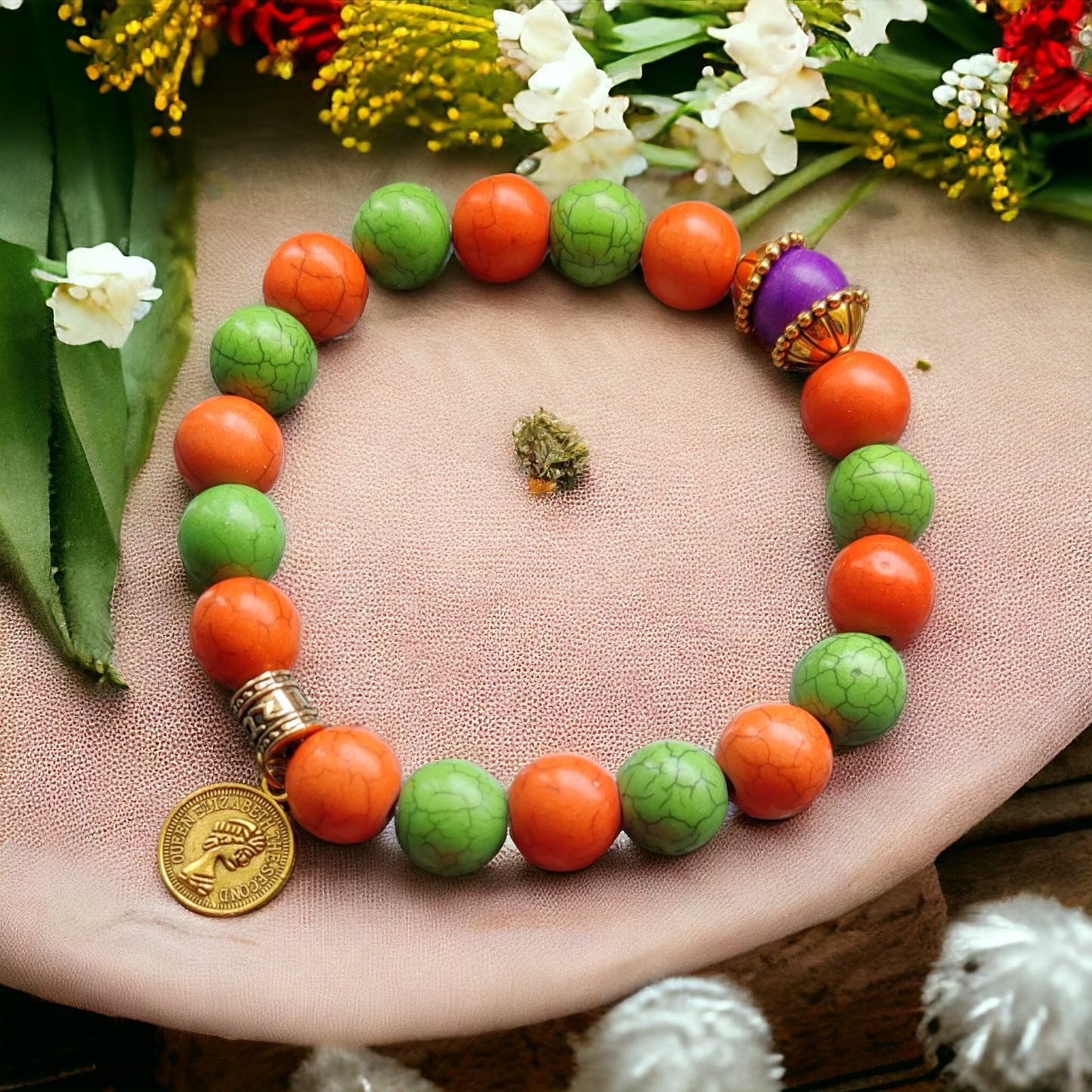 Clay Beads Bracelet - Green & Orange Color Beads