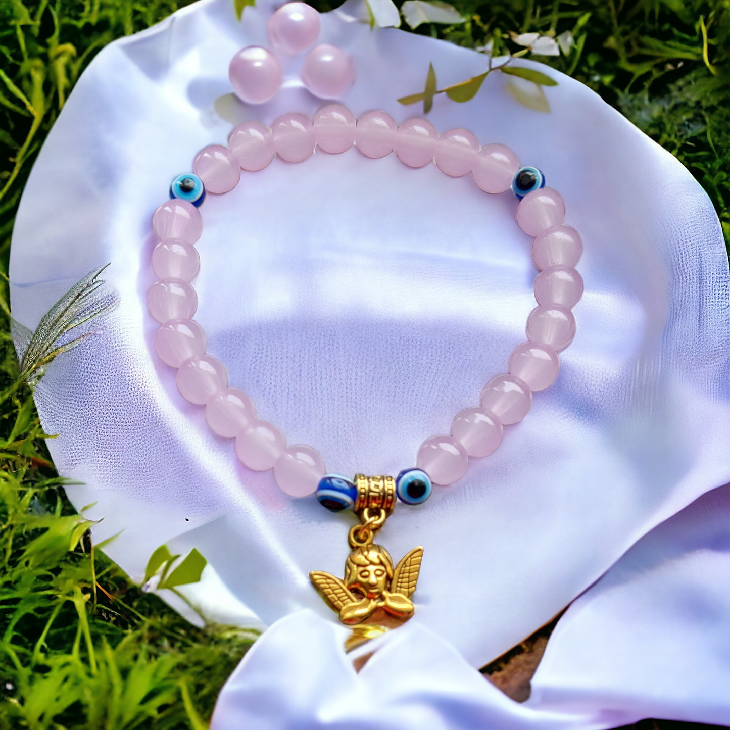 Glass Beads Bracelet With Metal Charms- Peach Color