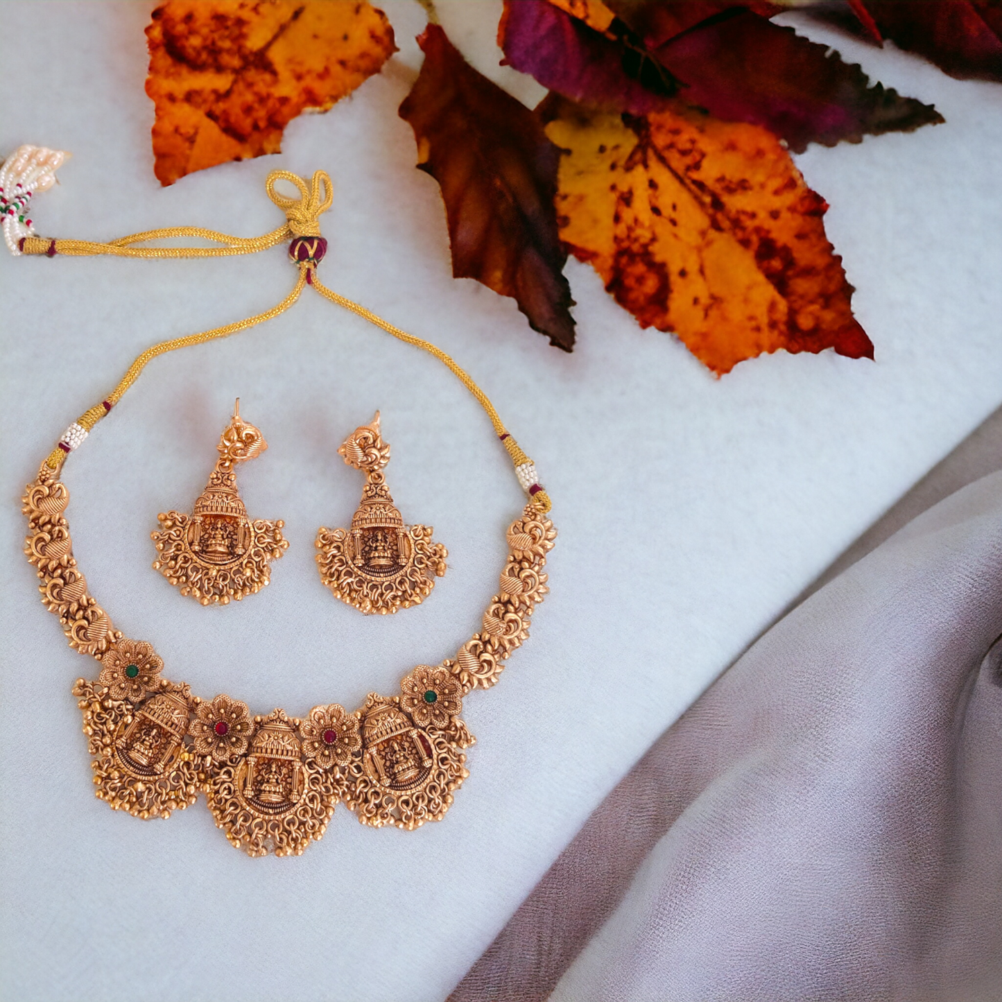 Lakshmi Necklace Set With Golden Beads - Matte Finish TS20