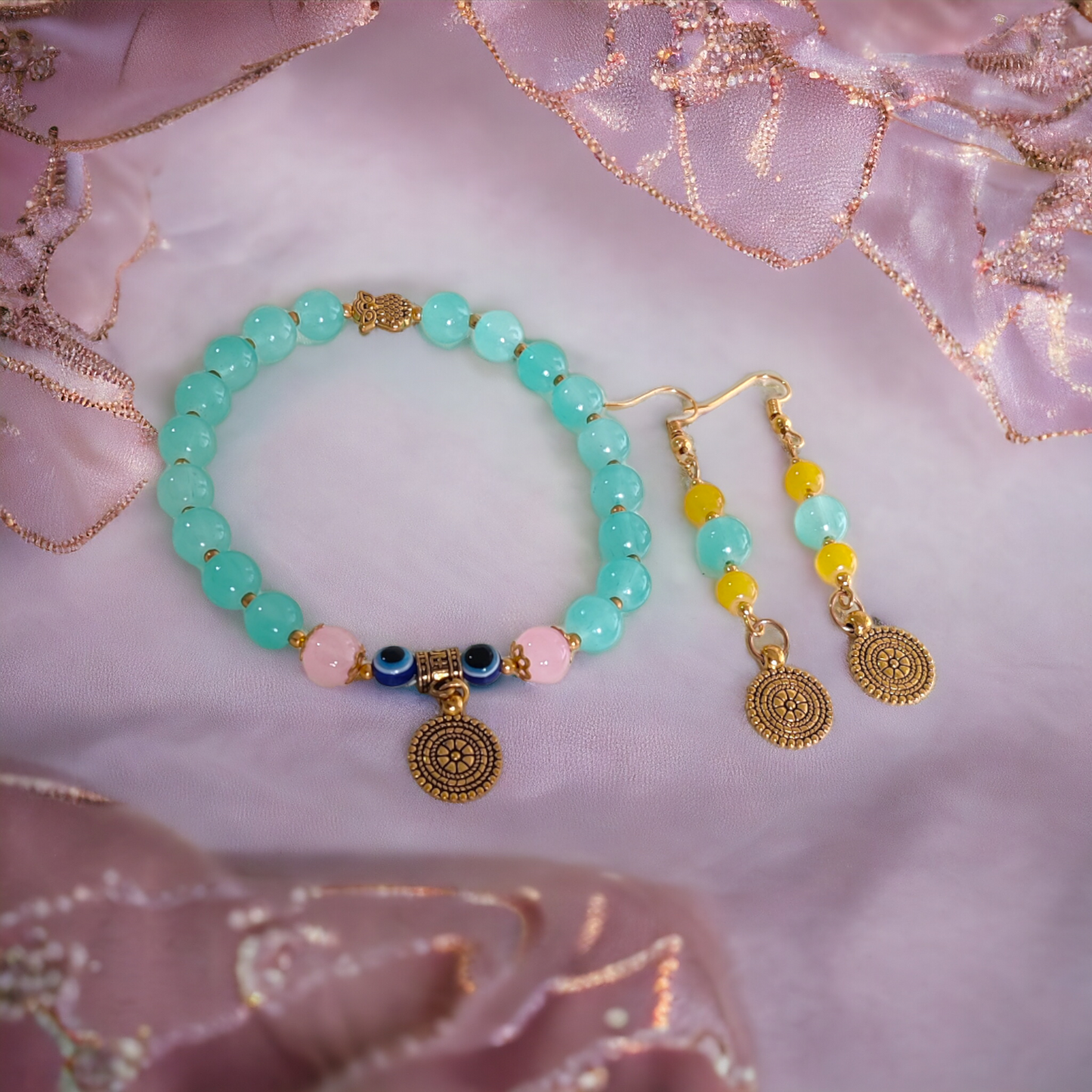 Green Glass Beads Bracelet & Earrings Set