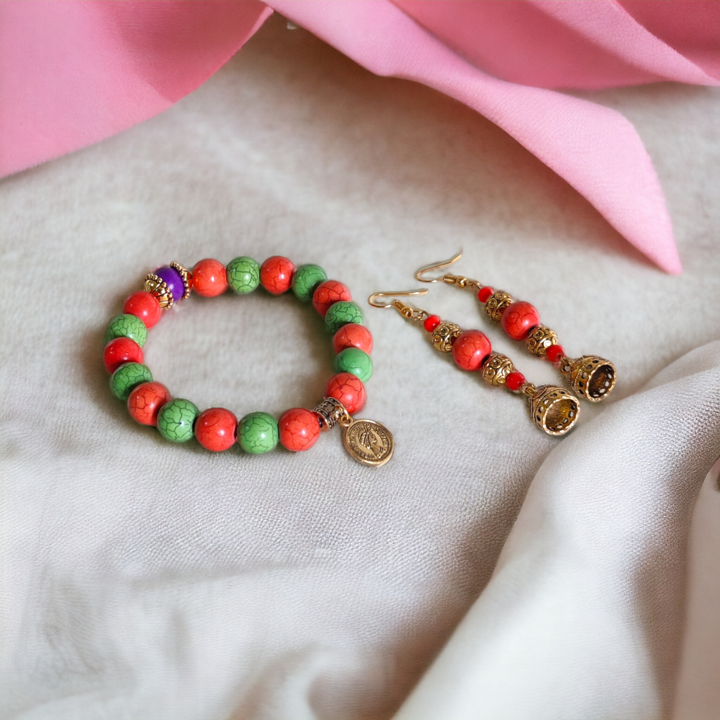 Green & Orange Clay Beads Bracelet & Earrings Set