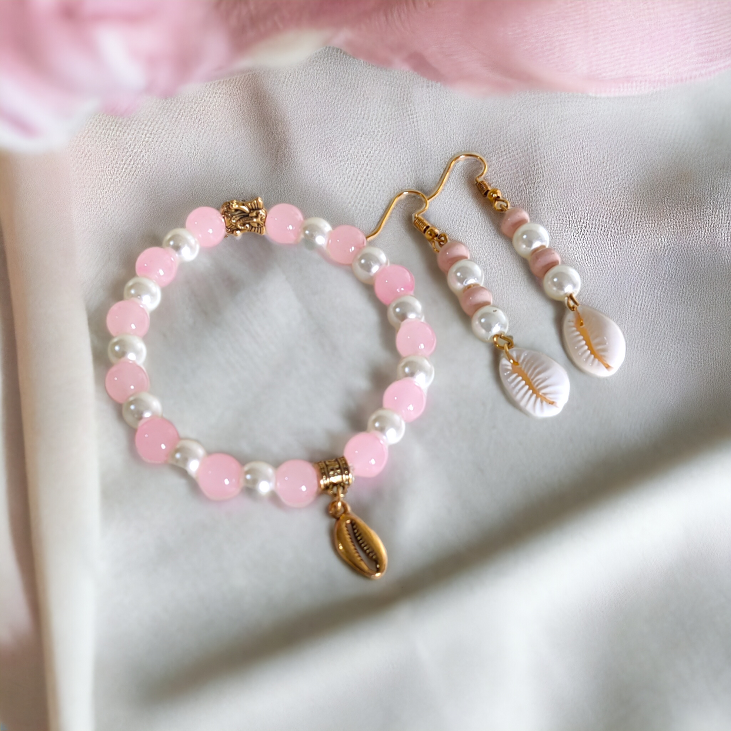 Pink Beads, Pearls With Cowrie Bracelet & Earrings Set